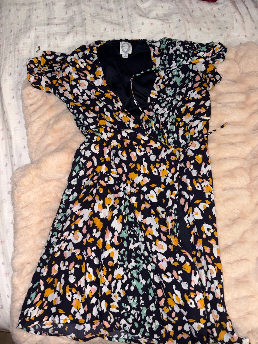 Navy Floral Print Wrap Dress with Mustard, Mint & Blush Accents